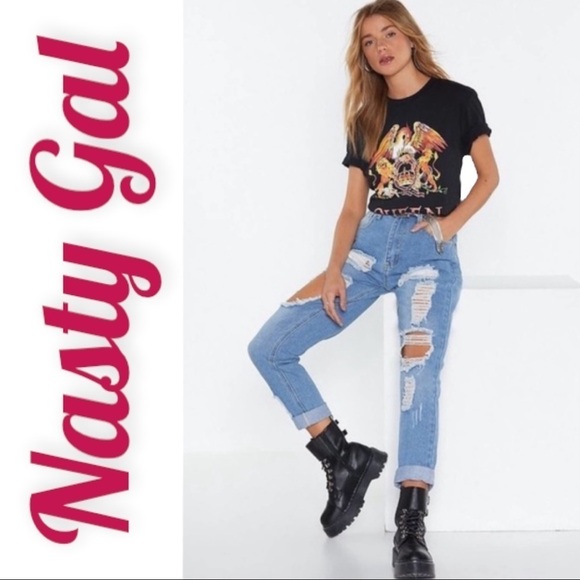 NASTY GAL I GOT TROUBLE Distressed High Waisted Relaxed Jeans, Size 8 - Picture 14 of 14